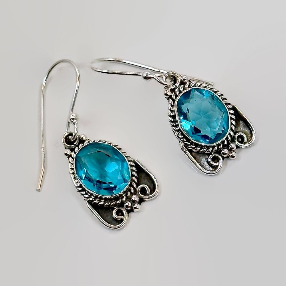 Sterling Silver Earrings. Faux Blue Topaz : Boho Dangle Jewelry - Picture 1 of 3